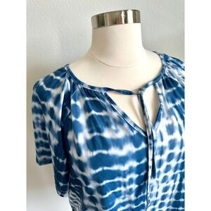 Indigo Blue & White Women's 3XL Tie Dye V-Neck Short Sleeve Tunic Top with Tie